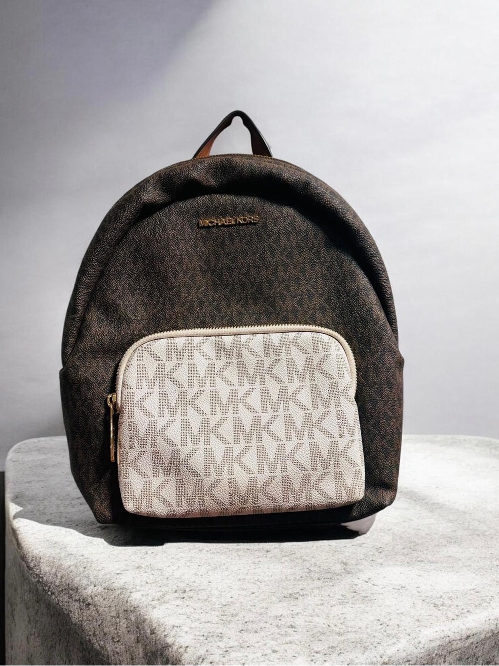 Michael Kors Brown Backpack with Beige MK Monogram Pocket